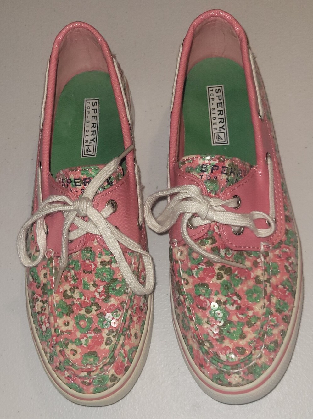 Sperry Topsider Biscayne, Floral Sequin Boat Shoes in Pink & Green, 8